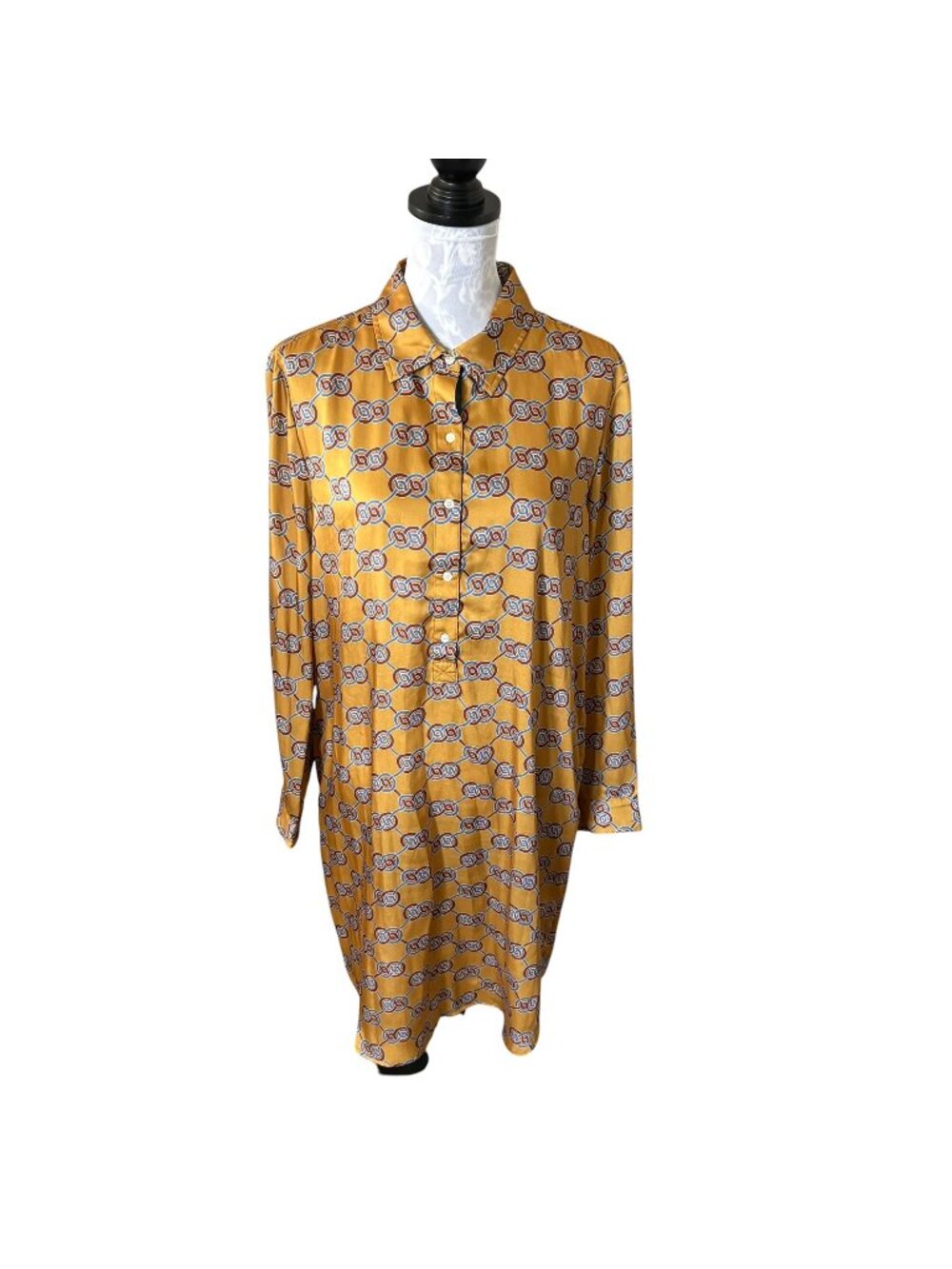 J Mclaughlin Shirt Dress Gold Blue Long Sleeve Womens Size Large
